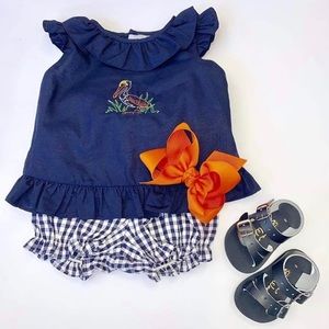 Pelican navy ruffle top with gingham bow bloomers